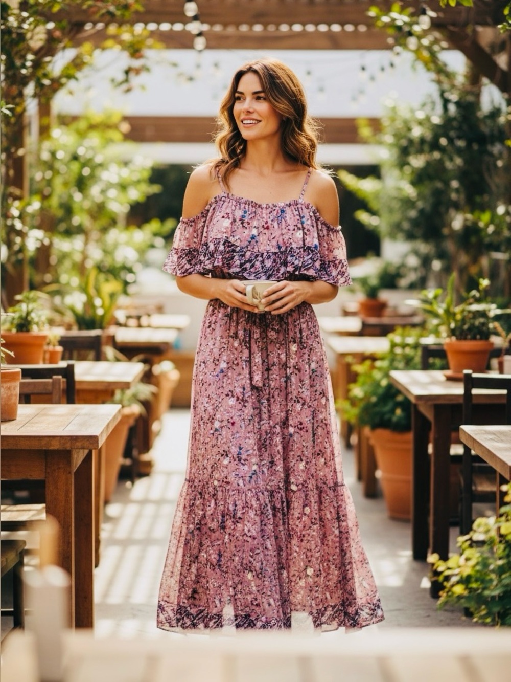 easel Pink Floral Off-Shoulder Ruffle Maxi Dress (S)